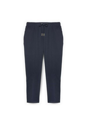 Pantaloni casual blu navy con vita elastica e coulisse, caratterizzati da sottili dettagli a cucitura sulle gambe anteriori.