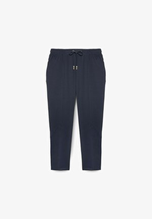 Marineblå afslappede bukser med elastisk talje og snøre, med diskrete sømdetaljer på forsiden af benene.