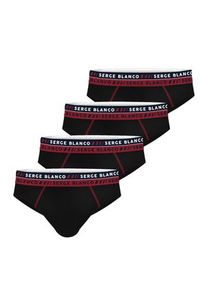 Quatre slips pour hommes noirs avec des ceintures rouges et bleu marine portant la marque "Serge Blanco" et des détails de couture rouges.