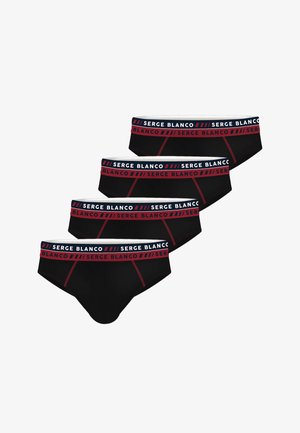 Quatre slips pour hommes noirs avec des ceintures rouges et bleu marine portant la marque "Serge Blanco" et des détails de couture rouges.