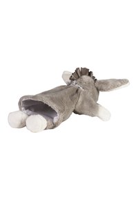 Stuffed animal, gray faux fur with white accents, floppy ears, and a textured mane. Body is hollow for storage, lying flat.
