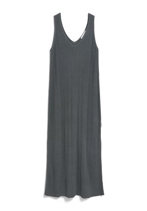 Abito senza maniche in maglia a coste grigio scuro con scollo a V e taglio dritto fino alla caviglia.