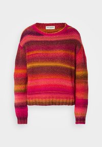 Gebreide sweater met een ronde halslijn en lange mouwen, voorzien van meerkleurige strepen in roze, oranje en bruine tinten. Ribgebreide zoom en boorden.