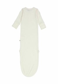 Dlouhá krémová spací pytel s dlouhými rukávy, žebrovanou strukturou, ohrnutými manžetami a zaobleným dnem. Vyrobeno z měkkého a prodyšného materiálu.