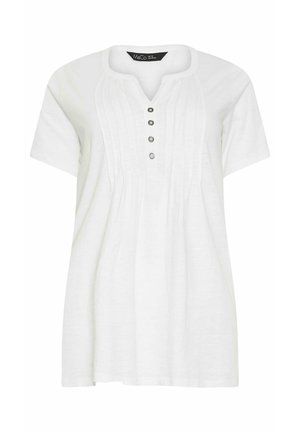 Blusa bianca a maniche corte con pannello frontale plissettato, quattro bottoni e scollo stondato a V, etichettata come taglia UK 12/EU 40-42.