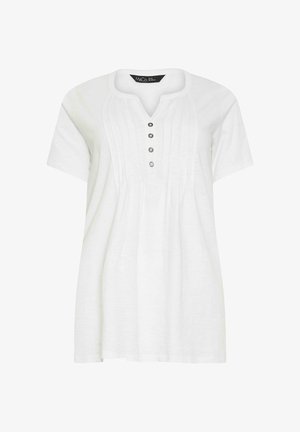 White short-sleeve blouse with pleated front panel, four buttons, and rounded notch neckline, labeled size UK 12/EU 40-42.