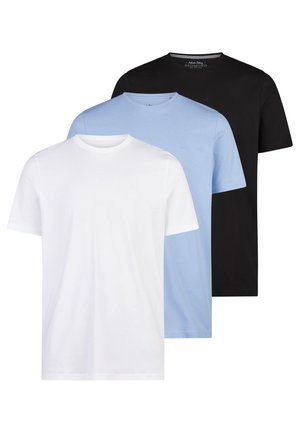 Tre ensfarvede bomulds-T-shirts med rund hals i hvid, lyseblå og sort, vist lagdelte uden mønstre eller logoer.