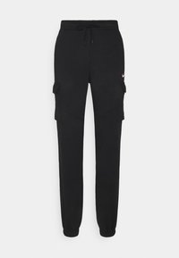 Černé cargo tepláky se stahovací šňůrkou v pase, bočními kapsami, zúženými manžetami a jemným prošíváním. Obsahují malou logo akcentaci.
