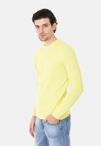Maglione giallo a maniche lunghe in una texture a maglia fine con scollatura rotonda. Indossato con jeans blu, che evidenziano un design aderente.