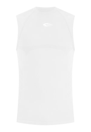 Hvid ærmeløs atletisk kompressionsskjorte med høj hals og lille logo på brystet.