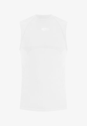 Hvid ærmeløs atletisk kompressionsskjorte med høj hals og lille logo på brystet.