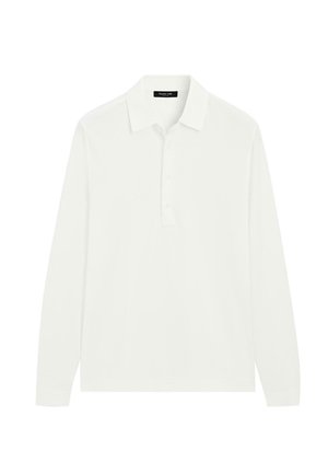 Biała koszulka polo z długim rękawem, kołnierzykiem i listwą z trzema guzikami, oznaczona marką Massimo Dutti.