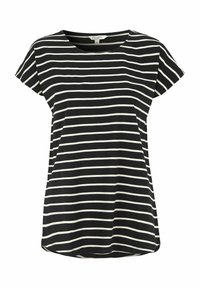 Sort og hvid stribet t-shirt, korteærmer, rund halsudskæring, blødt stof, let afrundet søm, afslappet pasform med vandrette striber.