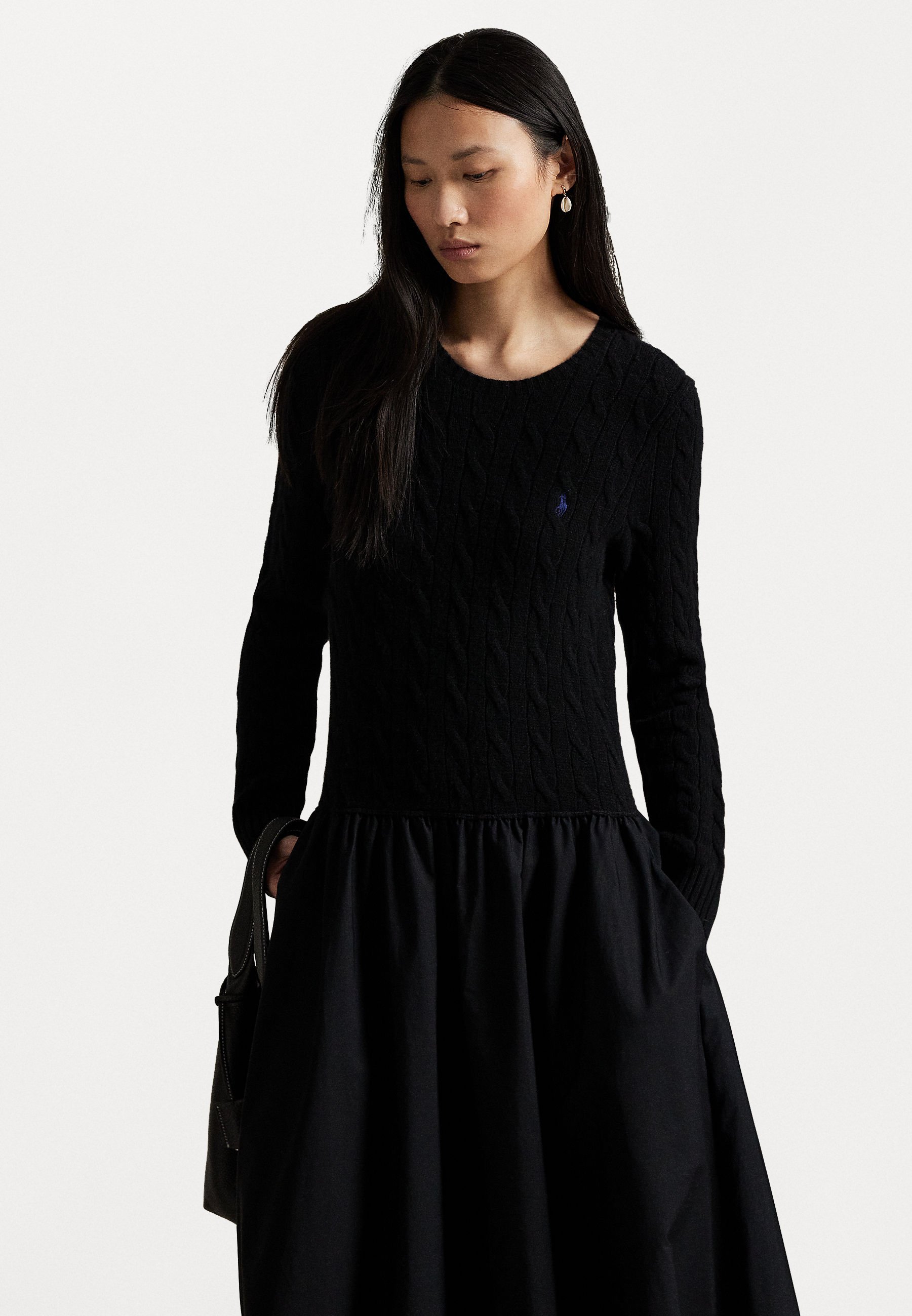 knee length dresses for ladies Squire Brown Rib Knit Crew Neck Long Sleeve A-Line Dress main image 0