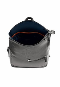 Schwarze strukturierte Stofftasche mit einem Reißverschluss, blauer Innenauskleidung und orangen Akzenten. Verfügt über eine Vordertasche mit einem kleinen Reißverschluss.