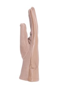 Guanti beige caratterizzati da una combinazione di pelle e tessuto morbido, con un design a tre dita e dettagli di superficie testurizzati.