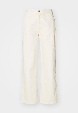 Bredde bukser i kremfarget bomull, med frontknapp og glidelås, med en glatt tekstur og minimale sømdetaljer.