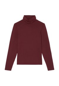 Burgundy polokrage långärmad topp i mjukt tyg, med en avslappnad passform och en vikbar krage. Inga synliga mönster eller detaljer.