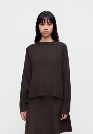 Femme aux longs cheveux noirs portant un pull marron foncé à manches longues et une jupe assortie sur un fond blanc uni.