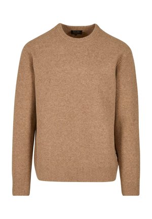 Beige wool sweater with a round neckline, ribbed cuffs, and hem. Soft texture, minimalist design with no visible patterns or embellishments.