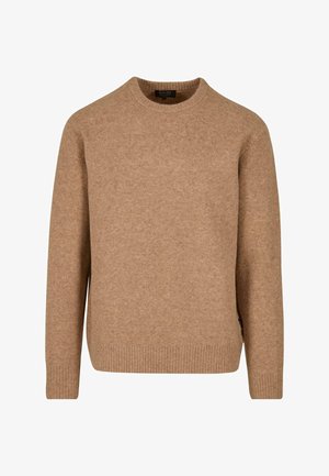 Beige wool sweater with a round neckline, ribbed cuffs, and hem. Soft texture, minimalist design with no visible patterns or embellishments.