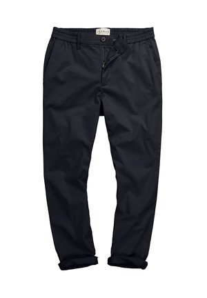 Chinos in cotone blu navy con vestibilità comoda, dotati di chiusura a bottone, zip e polsini arrotolati. Tessuto liscio senza motivi visibili.