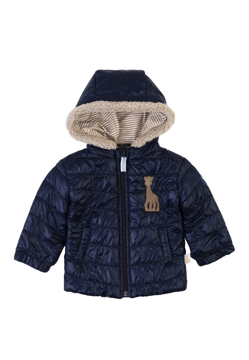 Giacca a vento blu navale con cappuccio, dotata di fodera in pelliccia sintetica e motivo a strisce. Include un emblema con design di giraffa e chiusura con zip.