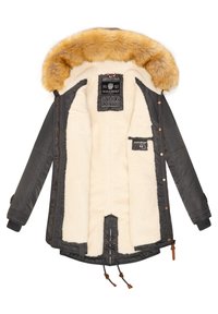 Insulated parka with a black outer shell, faux fur-lined hood, cream-colored shearling interior, and brown leather accents. Features snap closures.