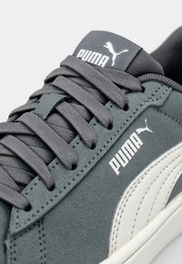 Detailní záběr na šedou tenisku Puma s odpovídajícími šňůrkami, bílým logem Puma na boku a jazyku a strukturovaným nubukovým svrškem.