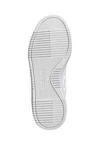 Semelle en caoutchouc blanche avec des motifs texturés horizontaux et verticaux ; comporte le logo de la marque en relief près de la zone du talon.