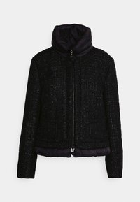 Black jacket with a textured, woven appearance. Features a zip front, padded collar, and a lightweight, padded lower section.