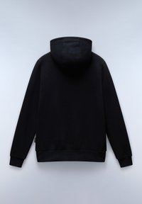 Sudadera negra con capucha, mangas largas, puños y dobladillo acanalados, hecha de un tejido texturizado, sin patrones o acentos visibles.