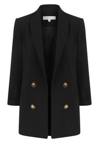 Blazer negro hecho de un tejido suave, con un diseño cruzado y botones dorados, y un cuello con muesca. Tiene dos bolsillos frontales.