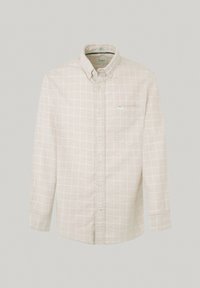 Camicia button-up di un leggero beige con un motivo a griglia bianca. Presenta un colletto, maniche lunghe e una tasca sul petto con un piccolo etichetta logo.