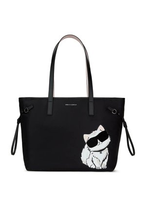 Čierna taška na prenášanie s dlhými rúčkami a bielou mačičkou v čiernych slnečných okuliaroch potlačenou v pravom dolnom rohu.