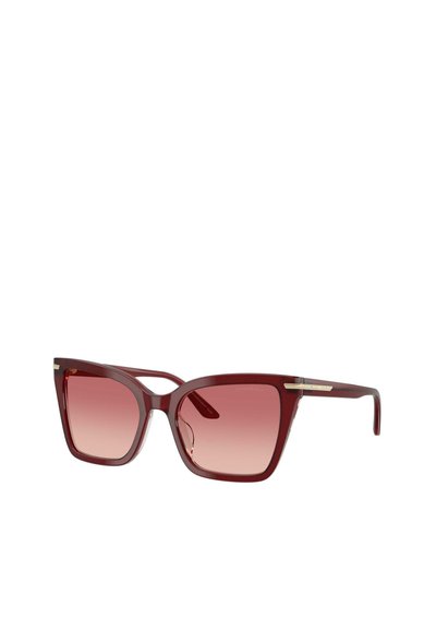 Gafas de sol con montura cuadrada roja, lentes rosas con degradado y patillas finas con pequeños detalles metálicos cerca de las bisagras.