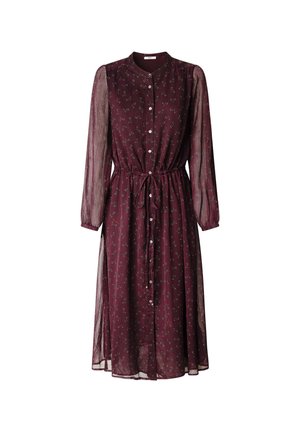 Bordeauxrotes Kleid mit Blumenmuster, durchgehende Knopfleiste, lange durchsichtige Ärmel, tailliert mit Kordelzug, fließender Rock, knielange Länge.