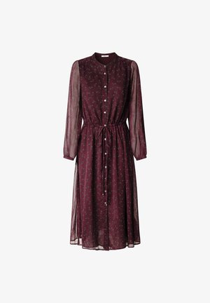 Bordowa sukienka w kwiatowy wzór, zapinana na guziki z przodu, z długimi przezroczystymi rękawami, z wcięciem w talii ze sznurkiem, zwiewna spódnica, o długości do połowy łydki.