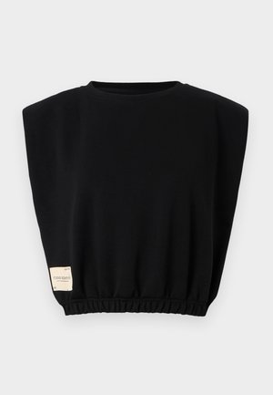 Sudadera corta negra de manga corta con un ajuste relajado, dobladillo elástico y una etiqueta en el lado izquierdo. Fabricada en una tela suave y cómoda.