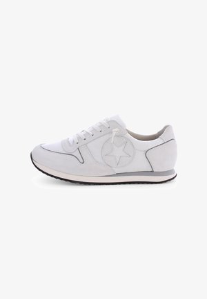 White sneaker featuring a suede and leather upper, round toe, lace-up design, and a prominent star logo on the side. Rubber sole.