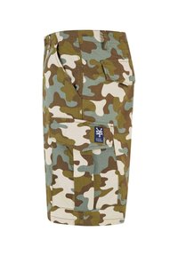 Camo cargo shorts i grøn, brun og lyseblå med flere lommer og et vævet mærke. Fremstillet af tekstureret stof.