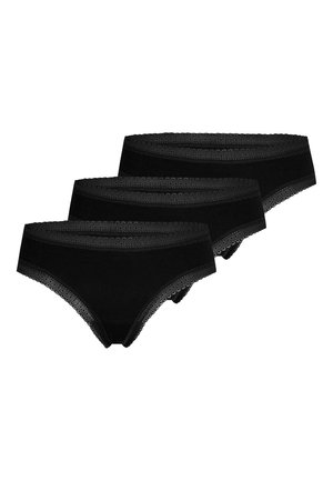 Three black women's hipster panties with lace trim, arranged overlapping on a white background.