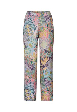 Pantaloni a gamba larga con stampa patchwork floreale e geometrica colorata in tonalità pastello di rosa, blu, giallo e viola.