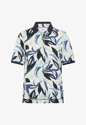 Polo a maniche corte con colletto navy, patta con bottoni e motivo astratto di foglie blu-beige.
