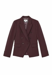 Dviejų sagų bordo spalvos švarkas iš lygios medžiagos, su įpjautomis atlapomis, dviem priekinėmis kišenėmis ir rudos spalvos sagomis ant rankovių.