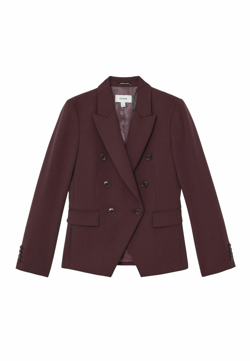 Dviejų sagų bordo spalvos švarkas iš lygios medžiagos, su įpjautomis atlapomis, dviem priekinėmis kišenėmis ir rudos spalvos sagomis ant rankovių.