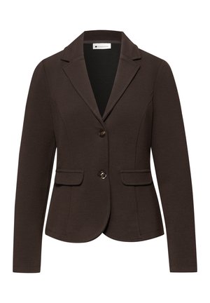 Donkerbruine op maat gemaakte blazer met twee knopen, inkeping revers, lange mouwen en voorvakken met klep.