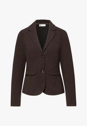 Donkerbruine op maat gemaakte blazer met twee knopen, inkeping revers, lange mouwen en voorvakken met klep.