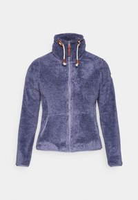 Fleece bunda v tmavo purpurovej farbe s vysokým golierom, plným zipsom a šnúrkami. Má mäkkú, štruktúrovanú tkaninu a dve predné vrecká.