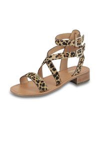 Sandali con stampa leopardata, dotati di più cinturini incrociati, due fibbie argentate, un tacco in legno basso e una suola beige. Materiale testurizzato con stampa animale.